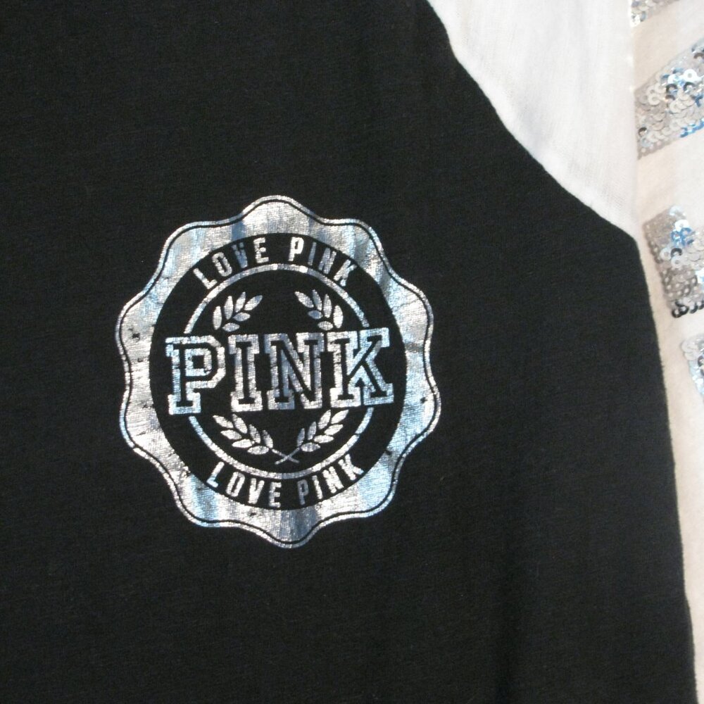 * Pink Victoria's Secret Casual Top Medium Silver Accents Sequins Black White - Picture 4 of 4